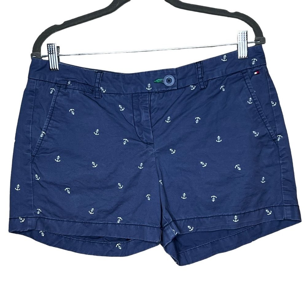 Tommy Hilfiger Womens 8 Shorts Blue Allover Anchor Print Flat Front Chino